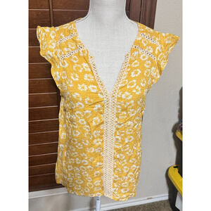 Collective Concepts Butter Yellow blouse Peasant top floral prairie cottage XS